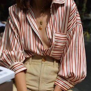 ZARA Oversized button down stripe red & cream satin quarter sleeve shirt- M
